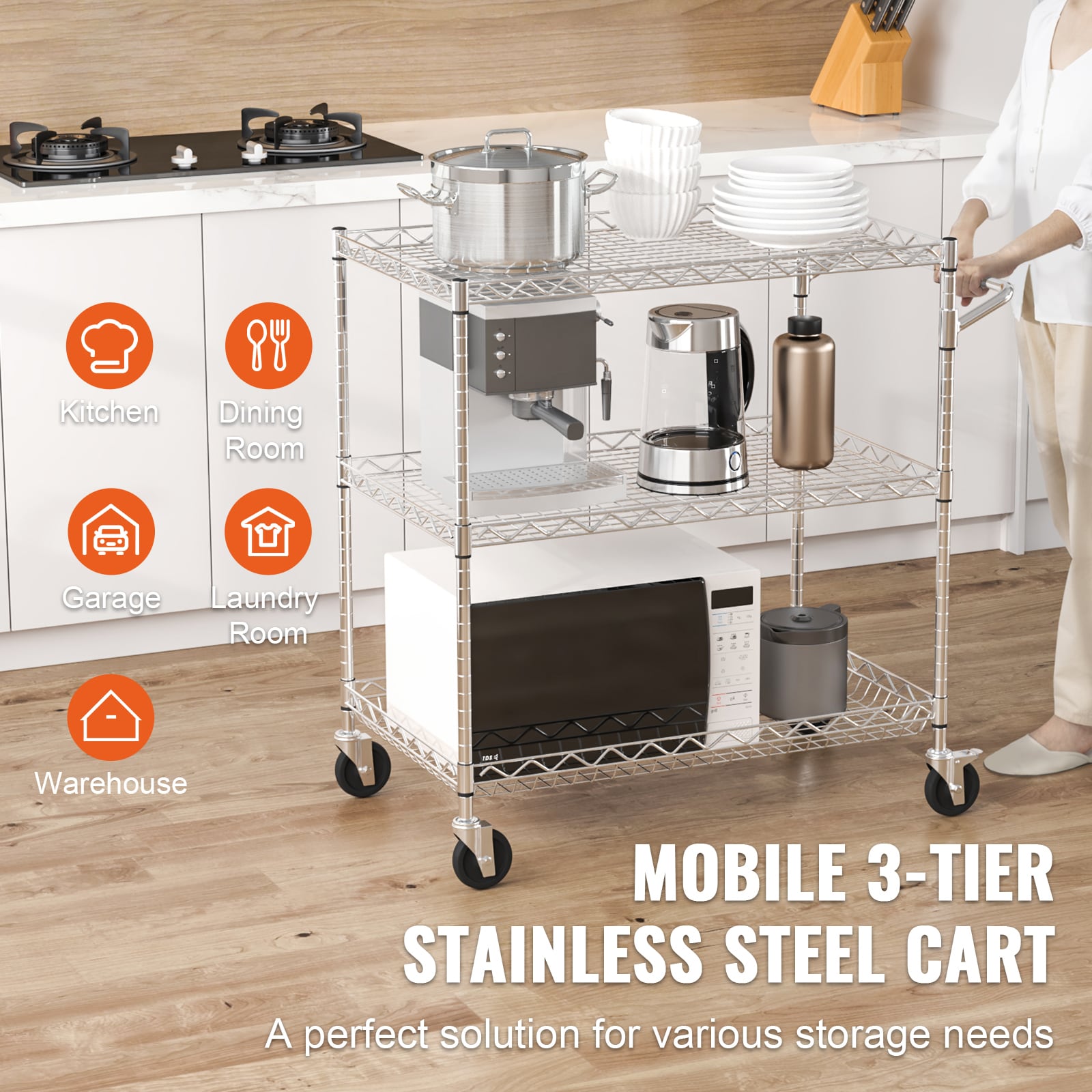 3-tier Rolling Utility Cart With 6 Hooks For Garden And Home_voghion.com